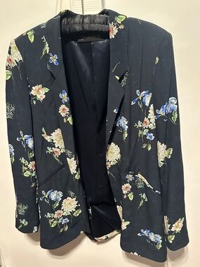 Zara Womens Linen Blazer Sz S Blue Floral Open Front Long Sleeve New no tag